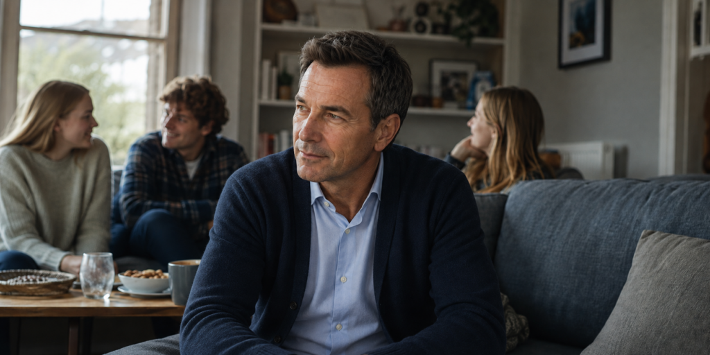 A man reflecting while sitting with his family at home