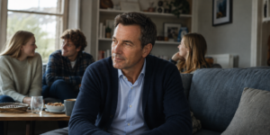 A man reflecting while sitting with his family at home