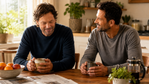 Two men sharing coffee while one offers quiet support, illustrating accepting kindness.